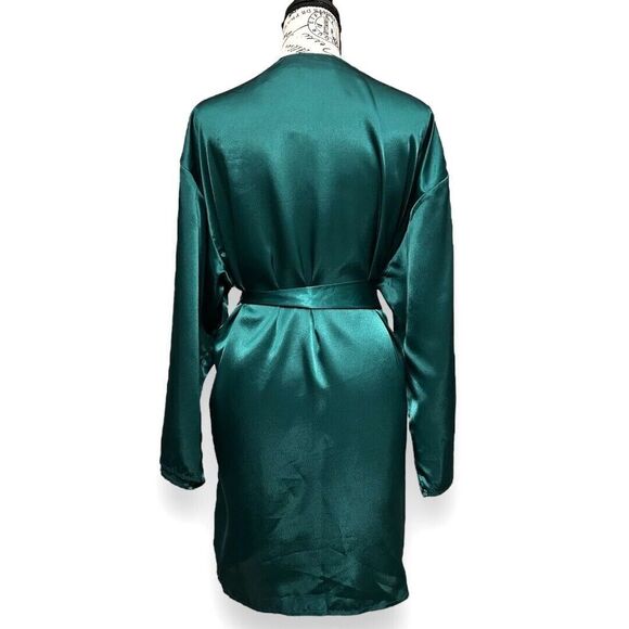 Victoria’s Secret OS Satin Kimono Robe Emerald Green Lace Trim Gold Label VTG - Picture 7 of 14